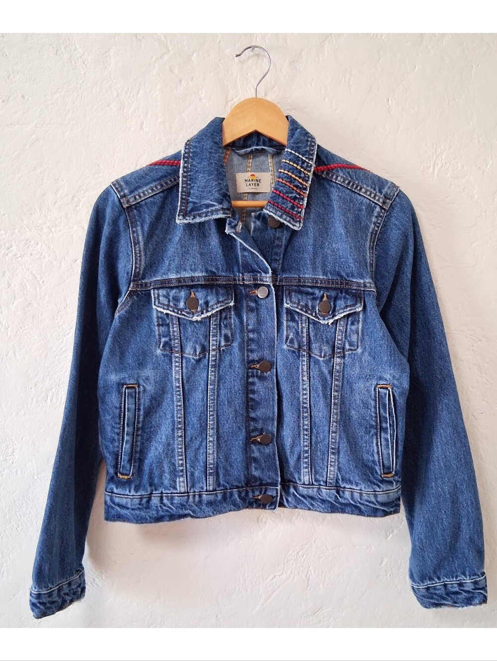 Marine Layer Sunburst Embroidered Denim Jacket Soft Crop XS